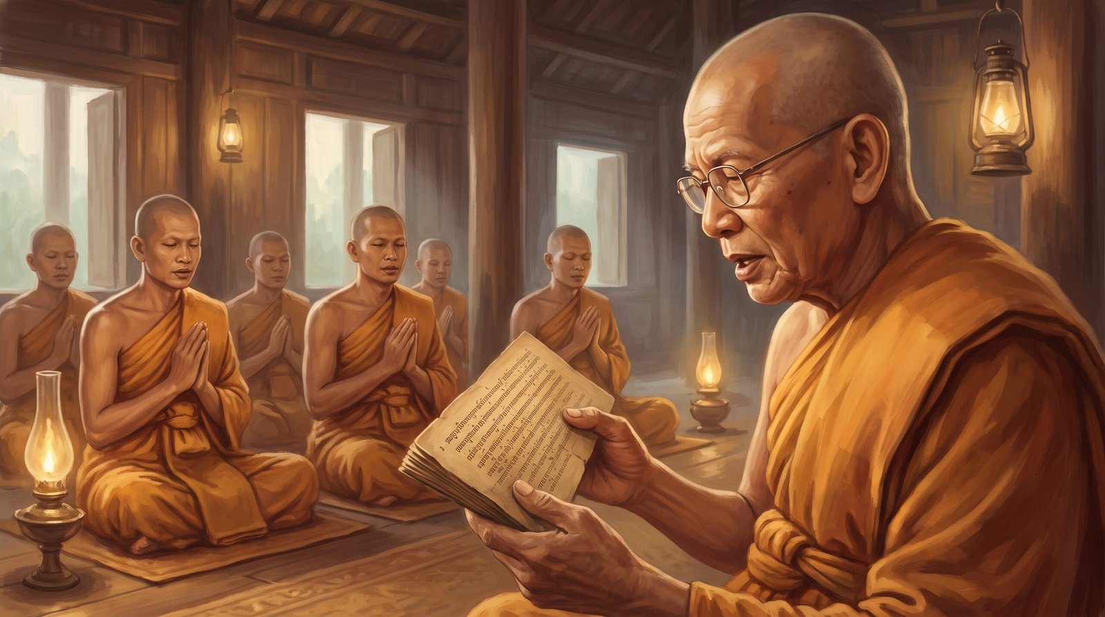 Cận cảnh một vị tỳ-kheo lớn tuổi đang tụng giới bổn Pātimokkha từ quyển kinh lá bối, chư tăng chắp tay lắng nghe trong giảng đường ấm ánh đèn