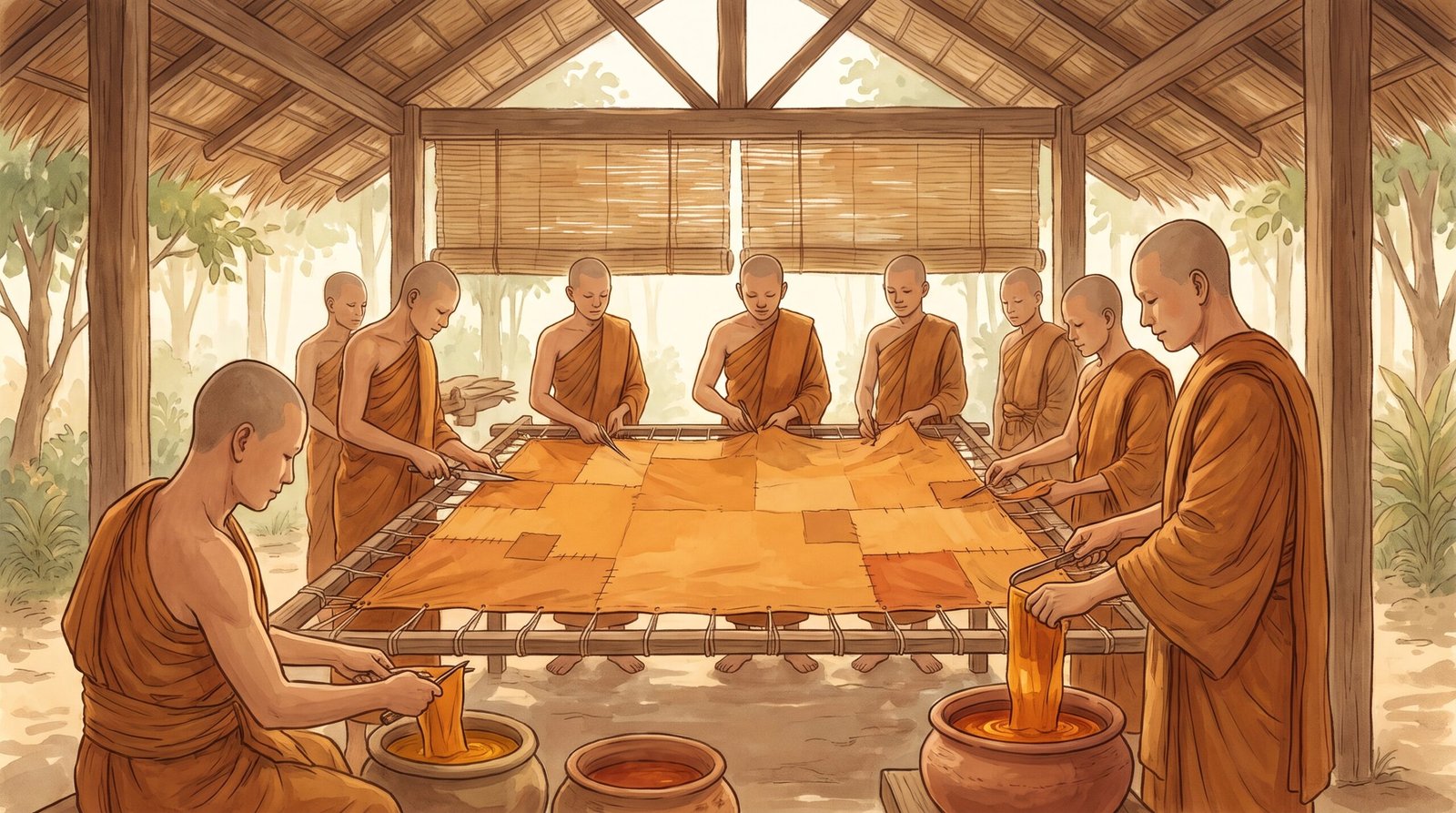 Chư tăng Theravāda quây quần cùng nhau cắt, khâu và nhuộm tấm y vàng trên khung căng vải trong ngày lễ Kaṭhina, ánh sáng ban ngày ấm áp