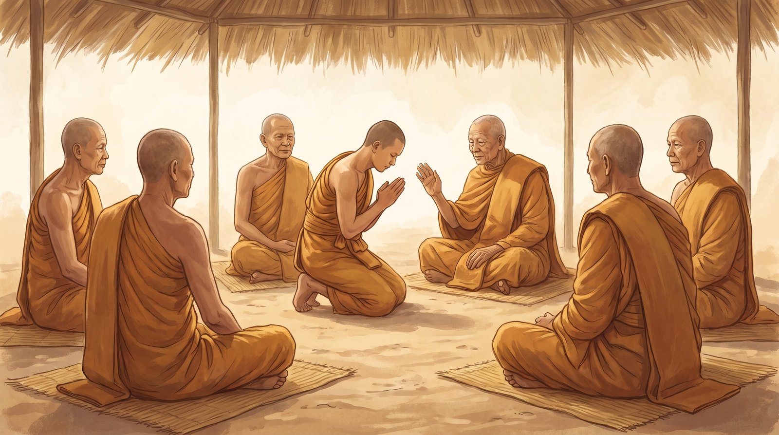 Chư tăng Theravāda ngồi thành vòng tròn trong lễ Pavāraṇā tự tứ cuối mùa an cư, một vị đang chắp tay cung thỉnh chư huynh đệ chỉ lỗi, không khí khiêm cung ấm áp