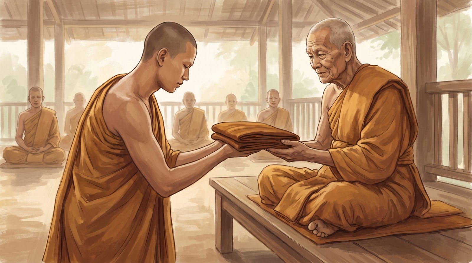 Một vị tỳ-kheo trẻ hai tay cung kính trao một tấm y gấp gọn cho vị trưởng lão trong một buổi tăng sự, biểu cảm khiêm cung thanh thản, phông nền giảng đường giản dị