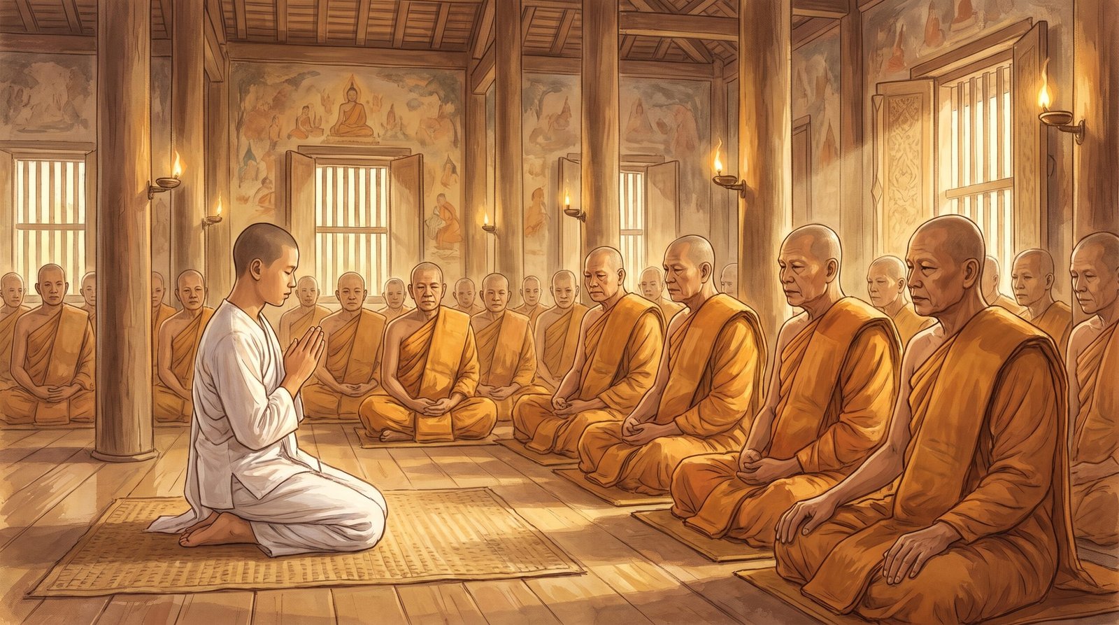 Lễ thọ đại giới upasampadā: một giới tử quỳ chắp tay trước hội đồng chư tăng trang nghiêm trong giới trường, các vị trưởng lão chứng minh, ánh sáng ấm
