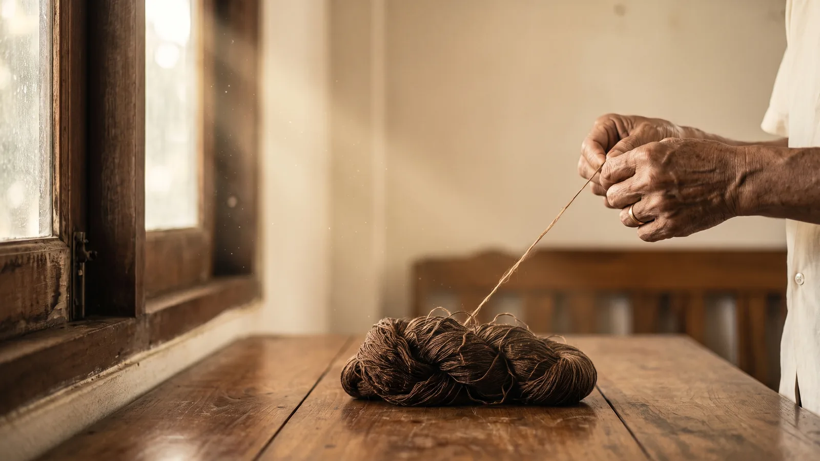 Bàn tay đang nhẹ nhàng gỡ cuộn chỉ rối trên bàn gỗ, ánh sáng ấm chiếu qua cửa sổ — minh họa kệ mở đầu Visuddhimagga về mối rối taṇhā