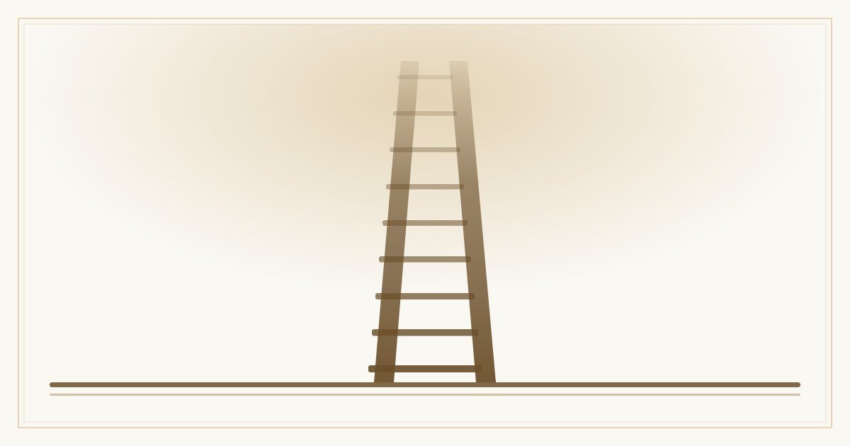 Chiếc thang gỗ dựng trên nền đất phẳng vươn lên phía ánh sáng — minh họa Kinh Ước Nguyện (MN 6)