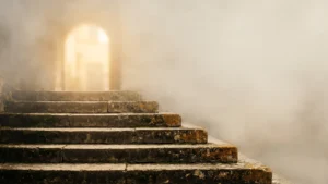 Bảy bậc đá cổ phủ rêu dẫn lên khoảng sân sáng trong sương sớm — minh họa bảy giai đoạn thanh tịnh satta visuddhi