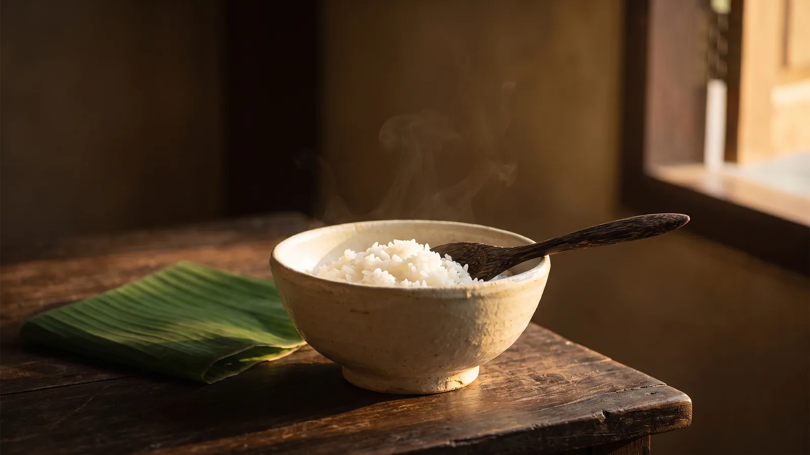 Bát cơm đất và muỗng gỗ trên bàn gỗ mộc trong ánh sáng thấp — minh họa quán tưởng bất tịnh nơi vật thực