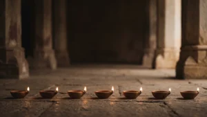 Bảy ngọn đèn dầu nối nhau dọc hành lang tu viện tối — minh họa bảy giai đoạn thanh tịnh nối tiếp trên con đường