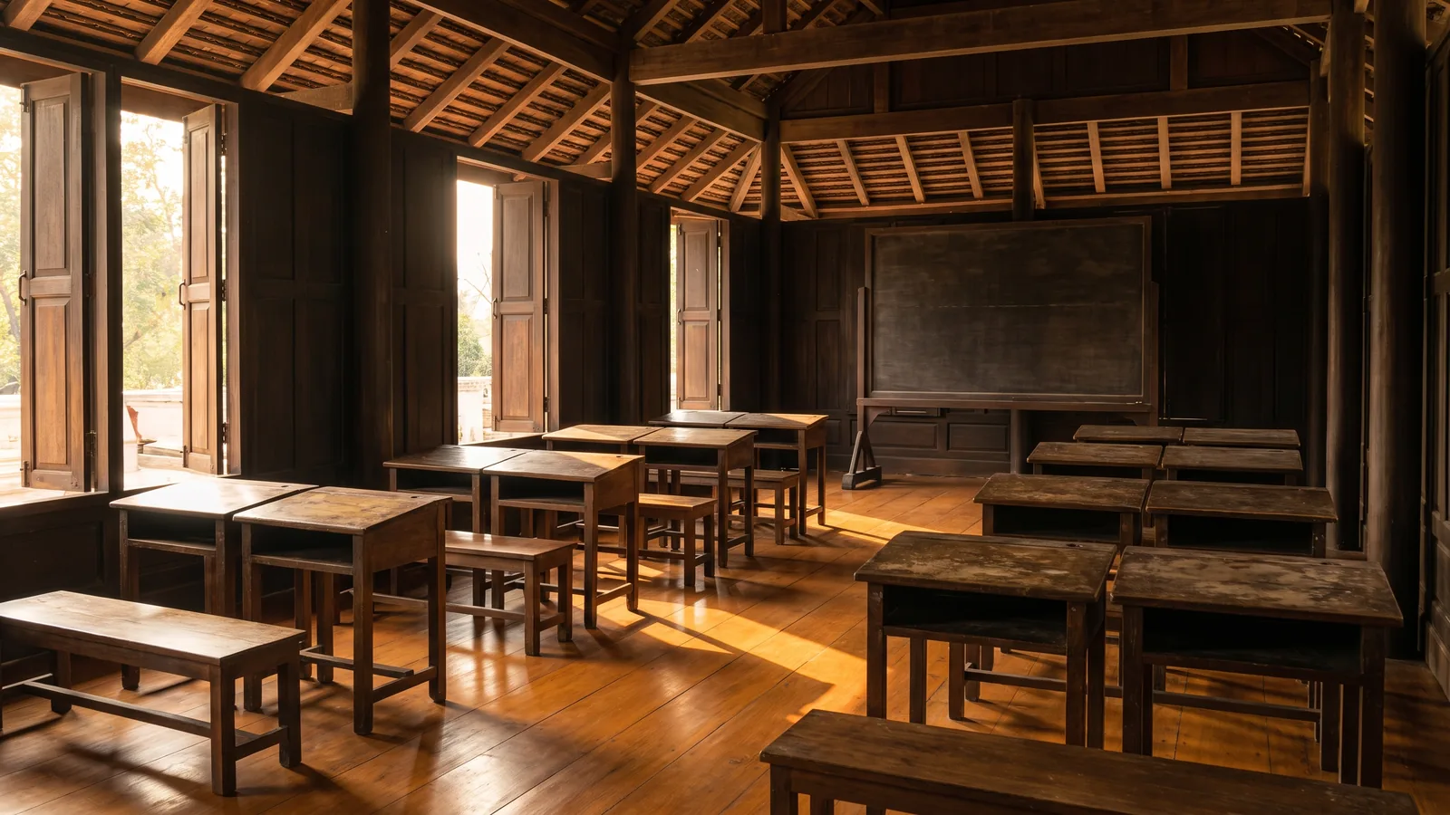 Giảng đường gỗ cổ với bàn ghế thấp và bảng gỗ trống trong nắng sớm — minh họa vai trò giáo dục của Visuddhimagga