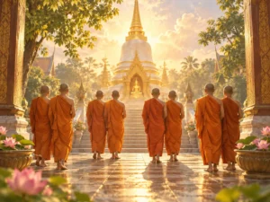 Tám vị Tăng đắp y vàng đi từng đôi về phía bảo tháp – hình ảnh bốn đôi tám vị Thánh Tăng trong niệm Tăng (Saṅghānussati)