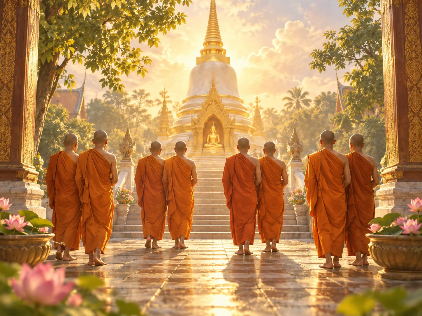 Tám vị Tăng đắp y vàng đi từng đôi về phía bảo tháp – hình ảnh bốn đôi tám vị Thánh Tăng trong niệm Tăng (Saṅghānussati)