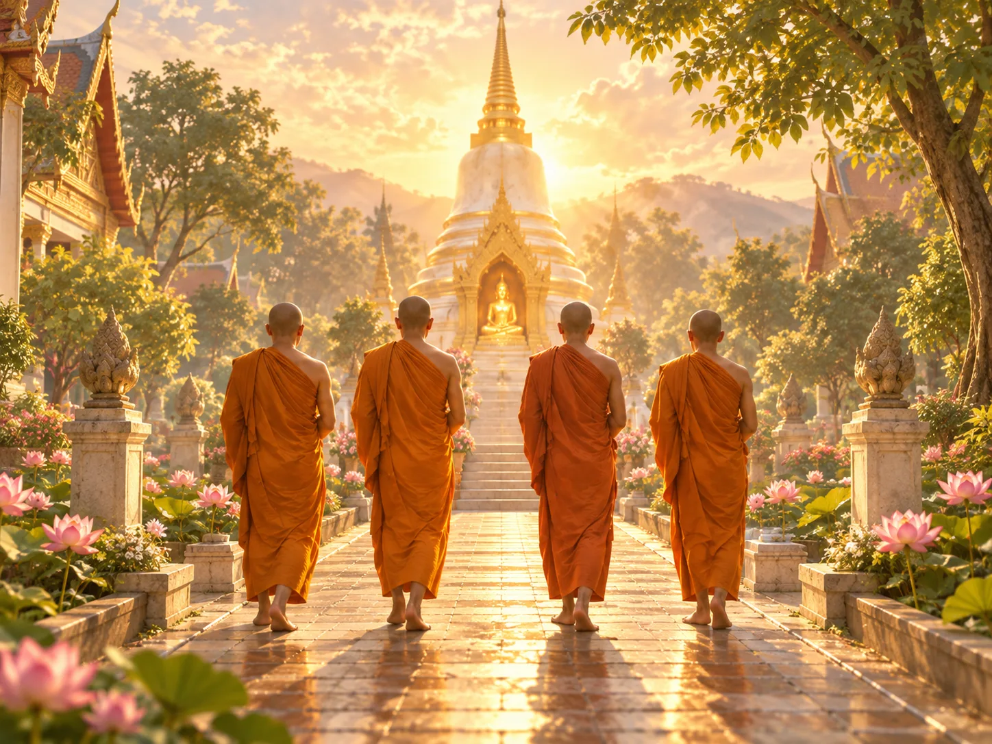 Bốn vị tỳ-khưu đi chân trần trên con đường thẳng dẫn tới bảo tháp – minh họa suppaṭipanno, ujuppaṭipanno trong chín ân đức Tăng