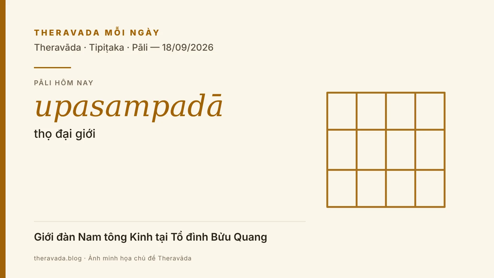 Ảnh bìa Theravada Mỗi Ngày 18/09/2026: từ Pāli upasampadā (thọ đại giới), tin Phật giáo Theravāda và Tam Tạng Pāli