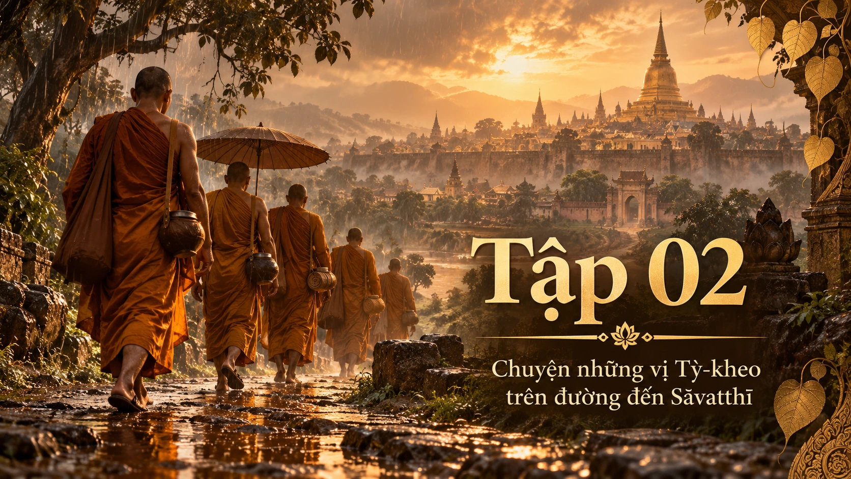 Tập 2 Lễ Dâng Y Kathina: đoàn chư Tăng y vàng đi trên con đường bùn lầy sau mùa mưa, hướng về Sāvatthī, ánh sáng nâu vàng