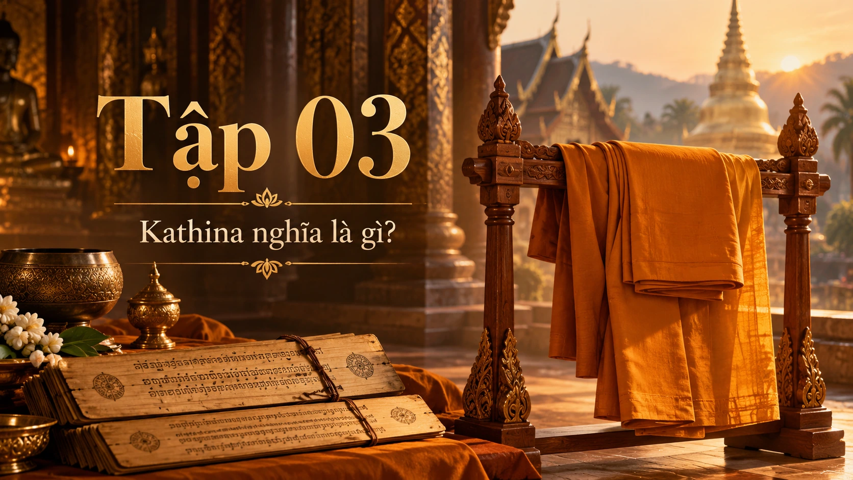 Tập 3 Lễ Dâng Y Kathina: Kaṭhina nghĩa là gì – tấm vải y vàng căng trên khung gỗ, kinh sách Pāli bên cạnh, tông màu vàng nâu