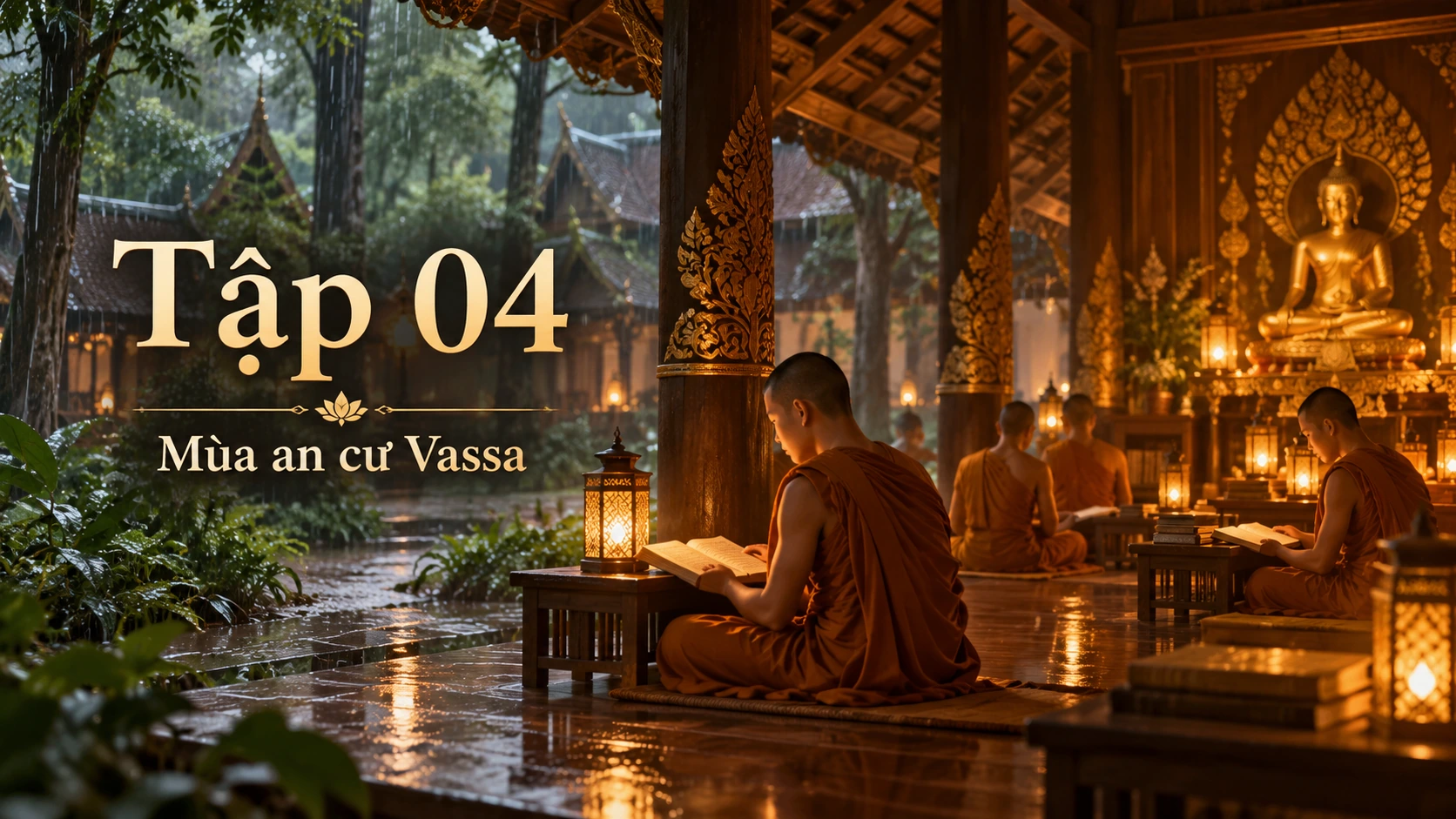 Tập 4 Lễ Dâng Y Kathina: chư Tăng Theravāda an cư mùa mưa Vassa trong tịnh xá, mưa rơi ngoài hiên, ánh đèn vàng ấm