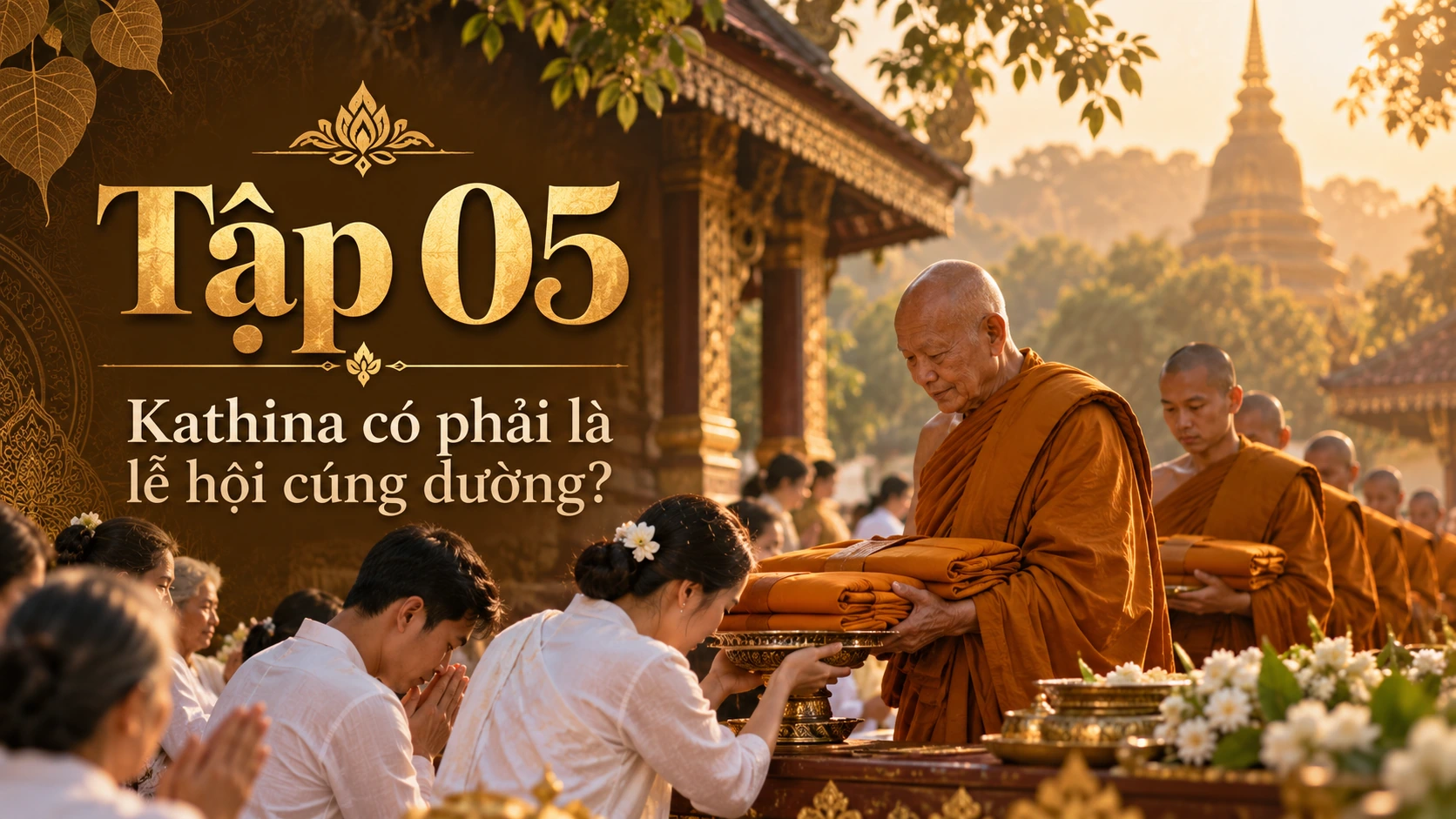 Tập 5 Lễ Dâng Y Kathina: đoàn Phật tử rước y vàng trong lễ hội cúng dường, chư Tăng Theravāda đón nhận, sắc vàng nâu rực rỡ