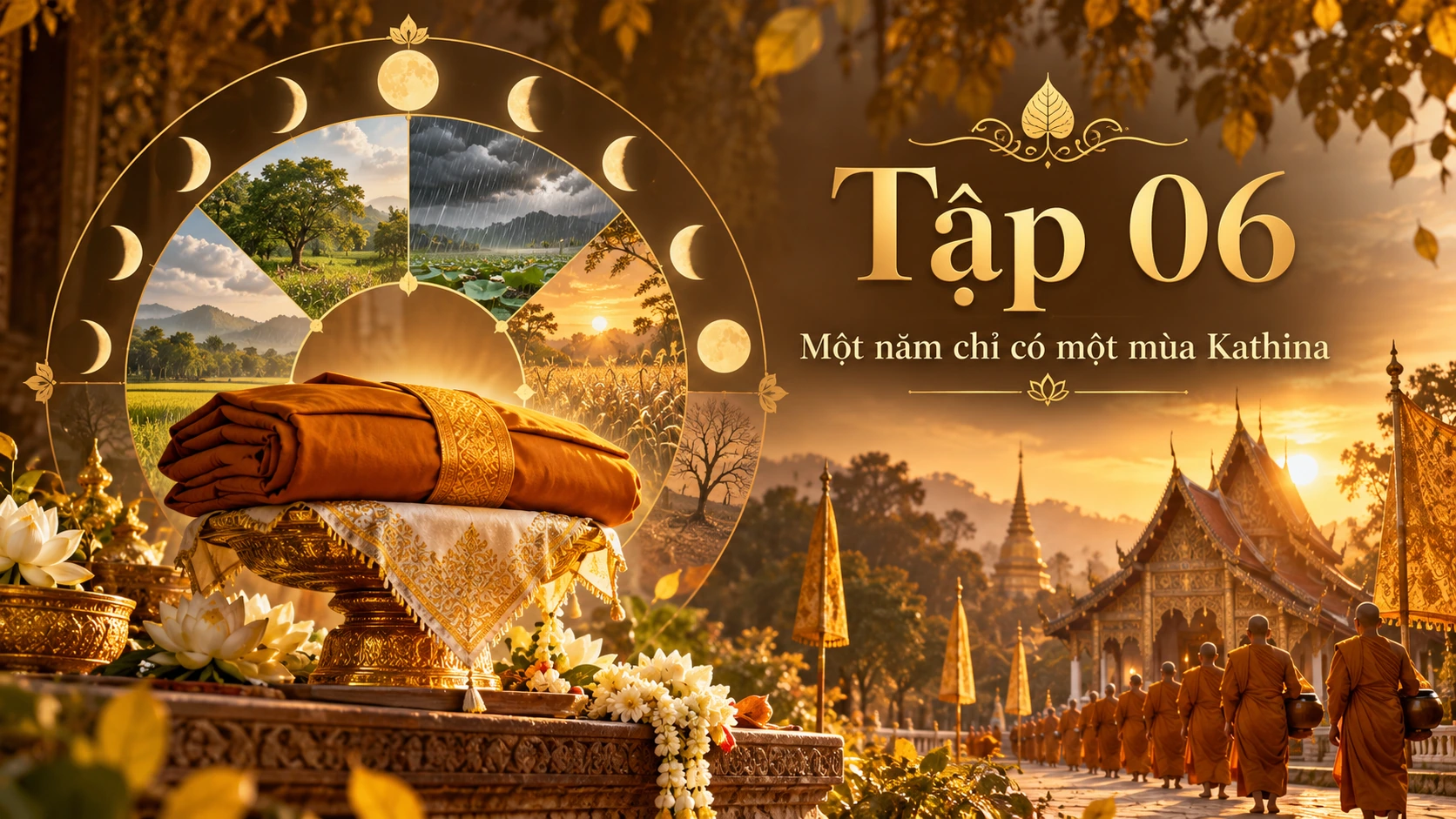 Tập 6 Lễ Dâng Y Kathina: một năm chỉ có một mùa Kathina – y vàng và trăng rằm trên mái chùa, ánh chiều vàng nâu