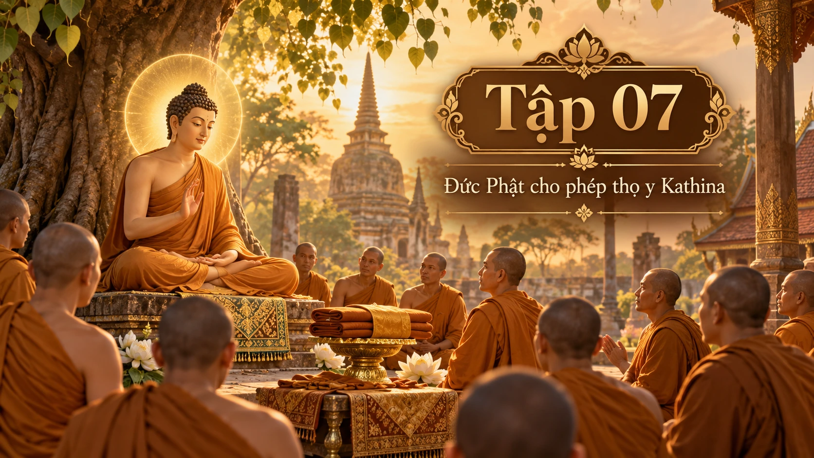 Chư Tăng Theravāda cùng may nhuộm tấm vải vàng trong ngày, minh họa Lễ Dâng Y Kathina Tập 7: Đức Phật cho phép thọ y