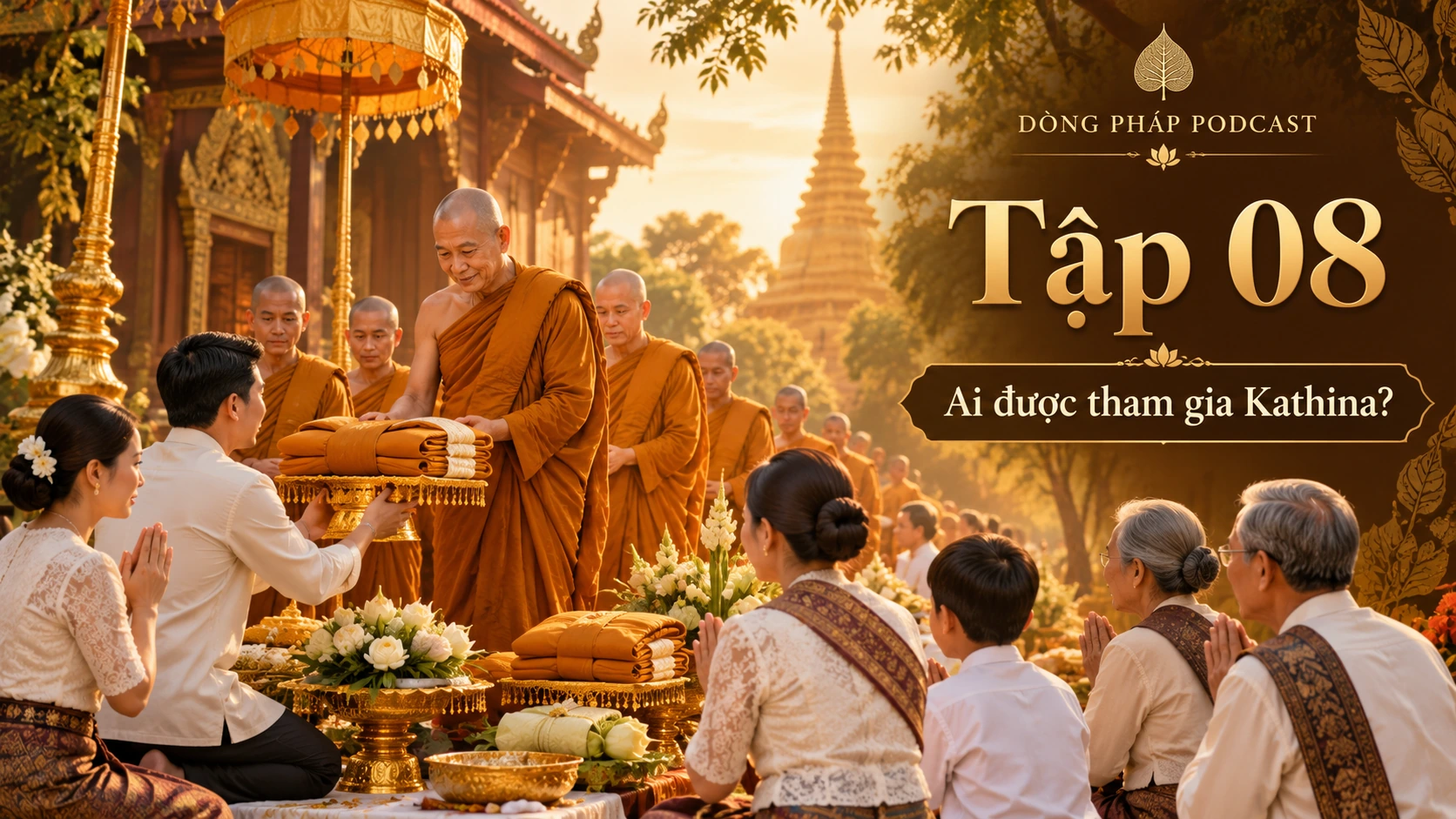 Phật tử và chư Tăng Theravāda trong sân chùa ngày lễ dâng y, minh họa Lễ Dâng Y Kathina Tập 8: Ai được tham gia Kathina