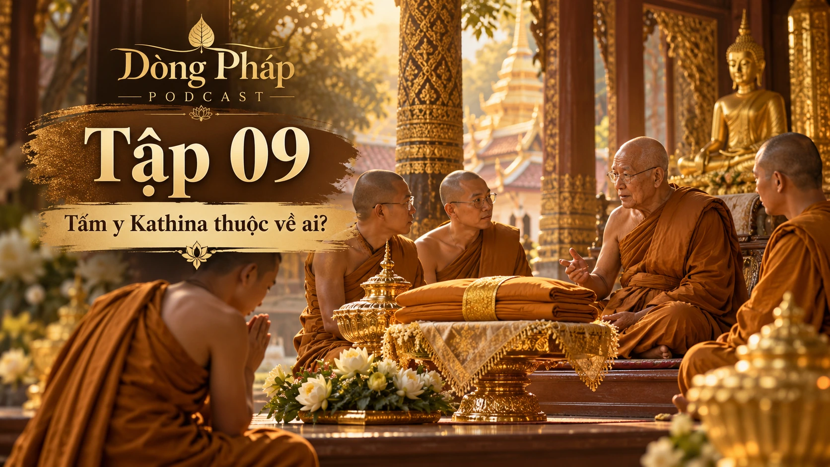 Tấm y vàng nghệ đặt trên khay trước chư Tăng Theravāda, minh họa Lễ Dâng Y Kathina Tập 9: Tấm y Kathina thuộc về ai