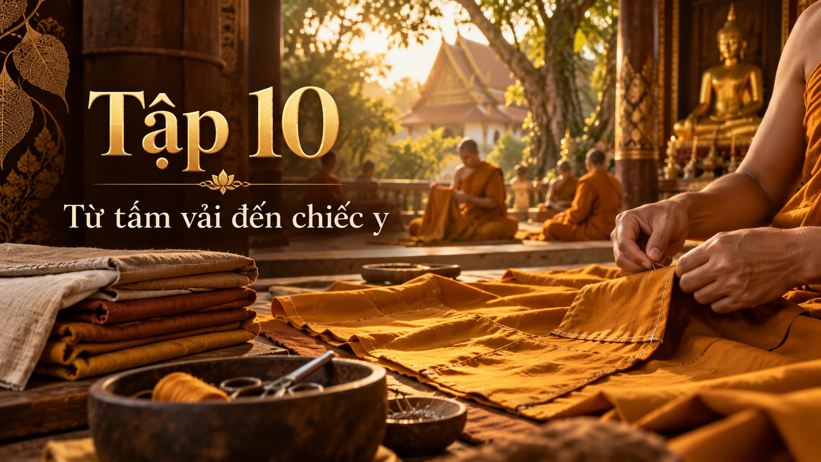 Tấm vải và chiếc y vàng nâu được cắt may theo ô ruộng, minh họa Lễ Dâng Y Kathina Tập 10: Từ tấm vải đến chiếc y