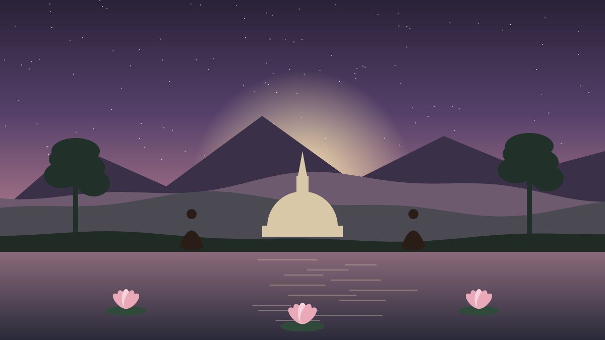 Ngôi bảo tháp giữa ba nhóm sen lúc hoàng hôn với hai vị Tỳ-kheo ngồi hai bên, minh họa ba phẩm Sīlakkhandha, Mahā, Pāthika của Trường Bộ