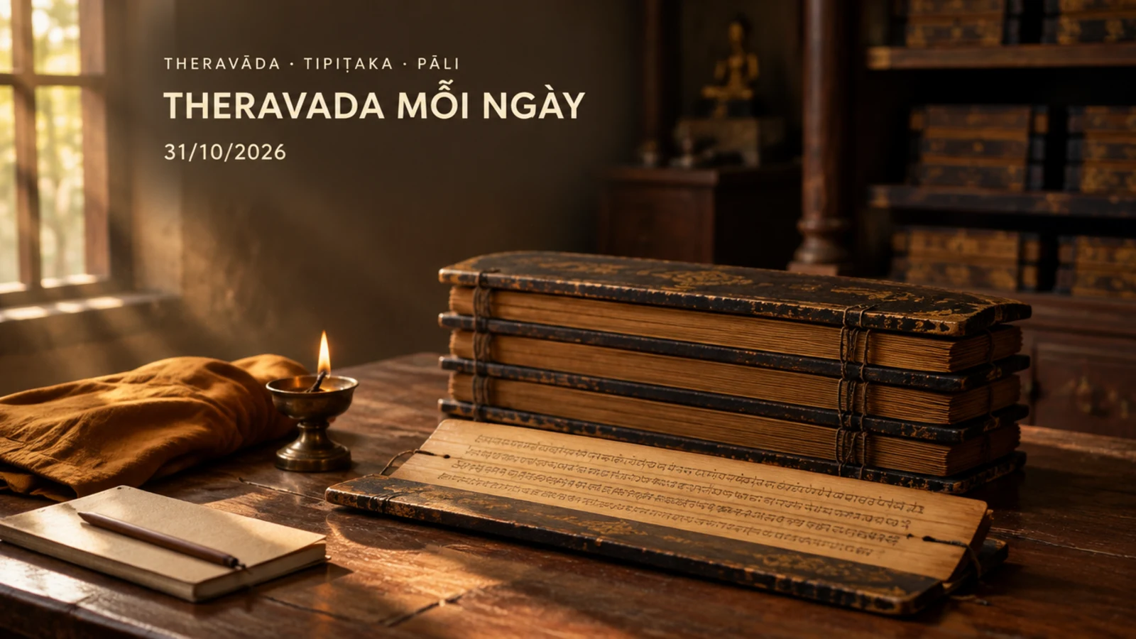Chồng thủ bản lá buông Pāli với bìa gỗ sơn mài và một lá kinh mở trên bàn gỗ trong thư phòng tự viện, ánh sáng ban ngày ấm